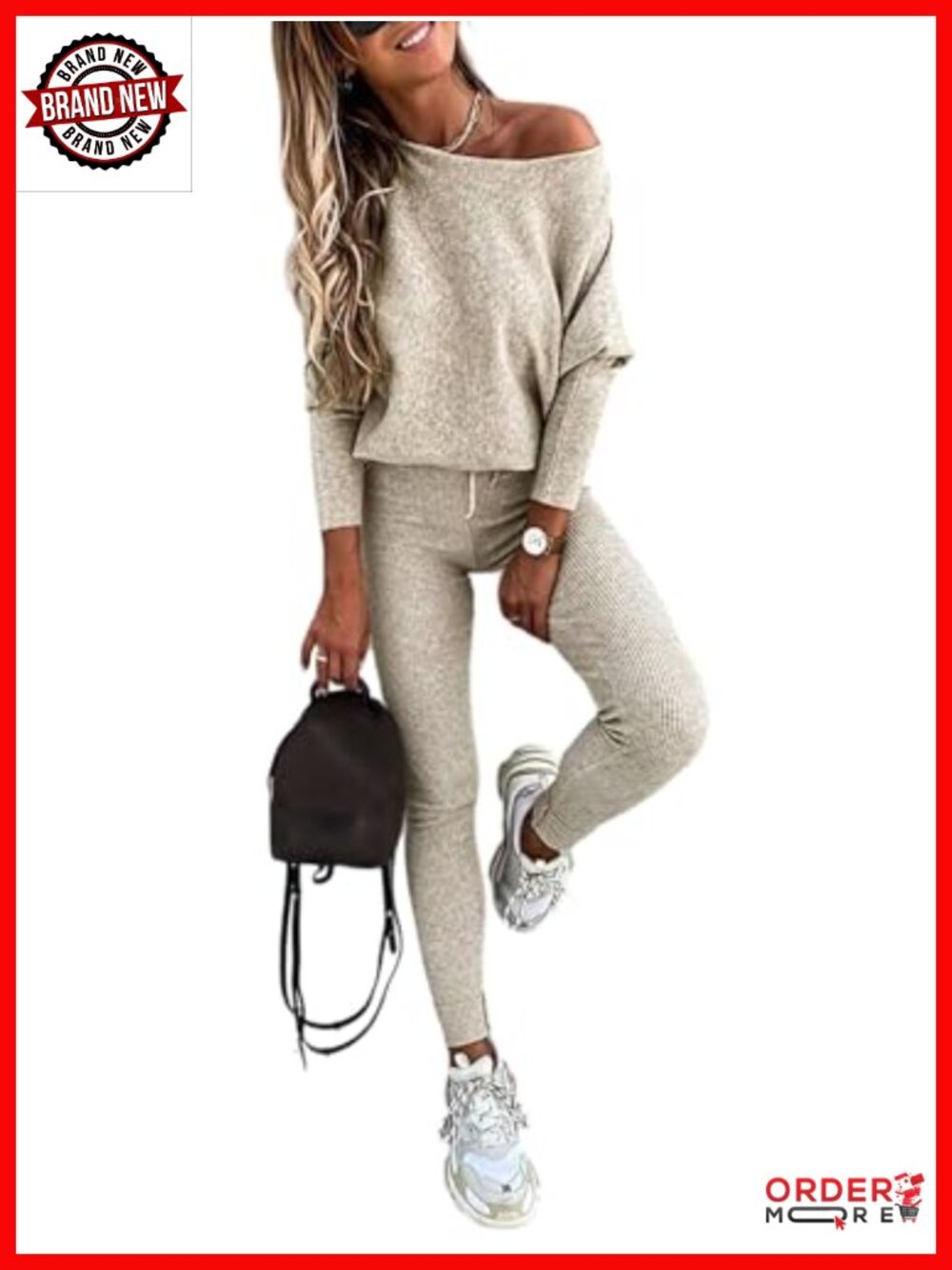 Women's 2 Piece Knit Sweatsuit Set Batwing Pullover Drawstring Pants